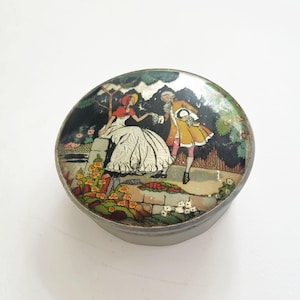 Gwenda-Puderdose/-gefäß aus den 1930er Jahren mit Folienmotiv – Milchglas