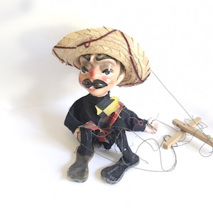 Vintage Mexican Marionette Puppet - Mexican Gunslinger with Sombrero
