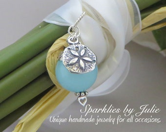 Something Blue Bouquet Charm - NAUTICAL EDITION, Aqua Chalcedony Gemstone, Personalized, Turtle or Sand Dollar Charm, Destination Wedding