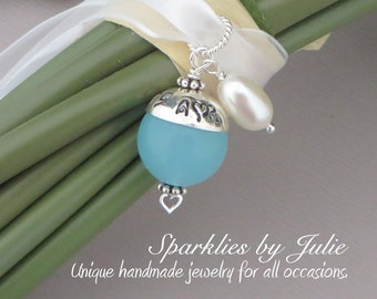 Something Blue Bouquet Charm - FANCY EDITION, Aqua Chalcedony Gemstone, Hand stamped, personalized sterling silver bead cap, Bride, Wedding