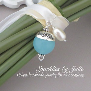 Something Blue Bouquet Charm FANCY EDITION, Aqua Chalcedony Gemstone, Hand stamped, personalized sterling silver bead cap, Bride, Wedding image 1