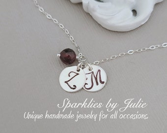 Two Initials & Birthstone Necklace - Hand stamped charms, Custom birthstone, Sterling silver, Mother, Best Friends, Husband Wife, Sisters