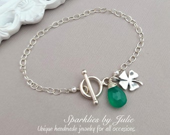 Emerald Shamrock Bracelet - Sterling Silver Four Leaf Clover and Wire Wrapped Emerald Onyx Chalcedony Charm Bracelet, Good Luck Charm