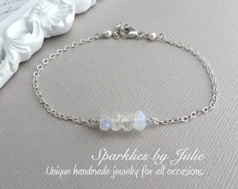 Skinny MOONSTONE bracelet - June birthstone, Flashy Moonstone rondelles, Sterling silver components,  Adjustable, Dainty, Elegant & Unique