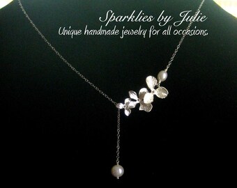 Three Silver Orchid Pearl Lariat (Y-Style) Necklace, Freshwater Pearls, Silver Plated Orchids, All Sterling Silver, Romantic, Minimal