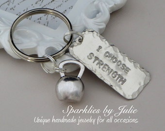 I Choose Strength Key Chain ~ CrossFit Key Ring, Hand Stamped Aluminum Tag, Tibetan Silver Kettle Bell Charm, Perfect for the Cross Fit Fan