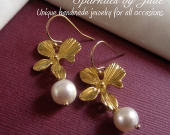 Gold Orchid Pearl Earrings - Gold plated Orchid with freshwater round pearls dangles, Elegant everyday wear, Brides, Bridesmaids, etc.