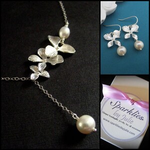Silver Orchid Set - Orchid Necklace & Earring jewelry set, Lariat Style Necklace, Freshwater Pearls, Bride, Bridal Party