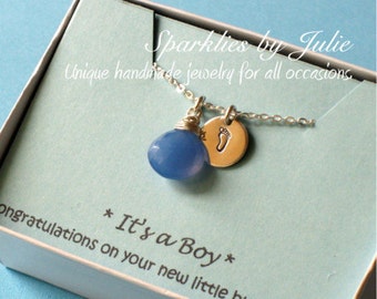 Baby Boy Necklace - Wire wrapped Blue Chalcedony briolette, hand stamped baby footprint charm, Baby Shower, Adoption, Mommy to Be, Mom