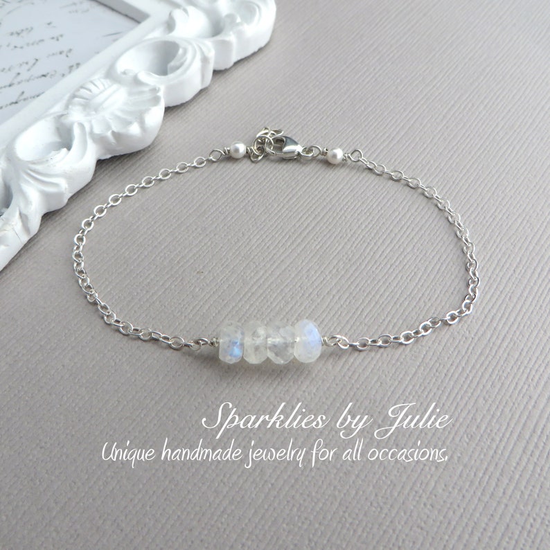 Skinny MOONSTONE bracelet June birthstone, Flashy Moonstone rondelles, Sterling silver components, Adjustable, Dainty, Elegant & Unique image 1