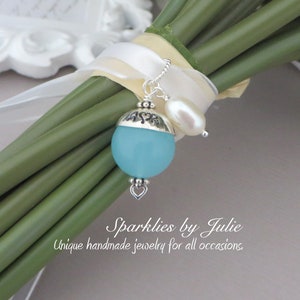 Something Blue Bouquet Charm FANCY EDITION, Aqua Chalcedony Gemstone, Hand stamped, personalized sterling silver bead cap, Bride, Wedding image 2