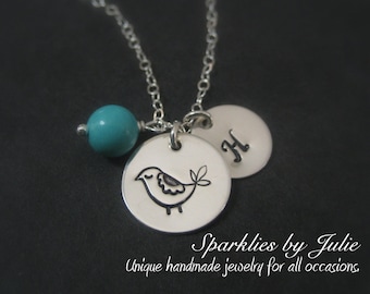 Mama Bird Necklace - Hand Stamped Mama Bird, Custom Initial Charm, Birthstone, Mother & Child, Grandmother