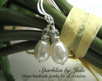 Crystal Topped Drop Pearl Earrings, Sterling Silver Components, Swarovski Crystallized Elements, Bridal Jewelry, Elegant