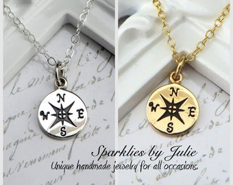 Small Rose Compass Necklace - Select from Sterling Silver or Solid Bronze/Gold Filled, Graduation Gift, Follow Your Dreams, Best Friends