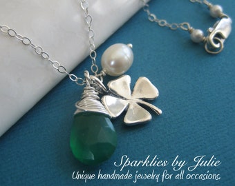 Shamrock Necklace - Lucky Charm, Sterling Silver Four-Leaf Clover, Wire Wrapped Faceted Emerald Green Chalcedony, Freshwater Rice Pearl