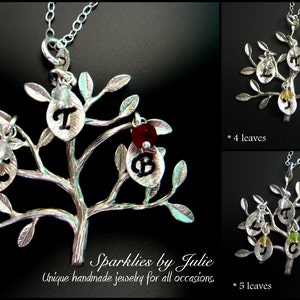 SILVER Birthstone Family Tree Necklace Rhodium Plated Pendant, Initial Leaf Charms, Up to 5 Initials & Birthstones, Mother or Grandmother image 1