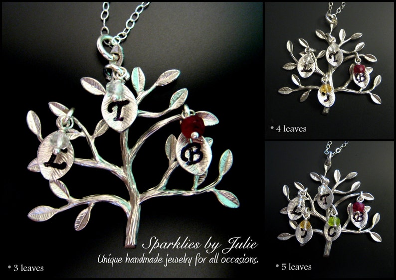 SILVER Birthstone Family Tree Necklace Rhodium Plated Pendant, Initial Leaf Charms, Up to 5 Initials & Birthstones, Mother or Grandmother image 1