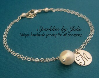 Monogram Bracelet with Birthstone - Hand stamped initial charm, custom gemstone birthstone, all sterling silver, Mother or Bridesmaids gifts