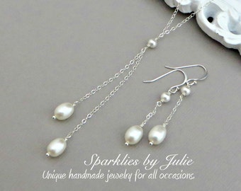 Isadora Pearl Set - Pearl Lariat (Y-Style) Necklace & Pearl Dangle Earrings, Jewelry Set, Freshwater Rice Pearls, Bride, Bridal Party