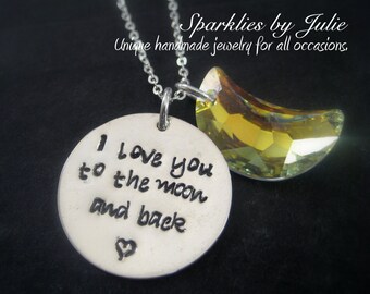 To the Moon & Back - Hand stamped sterling silver necklace with Swarovski AB Moon, from the book "Guess How Much I Love You"