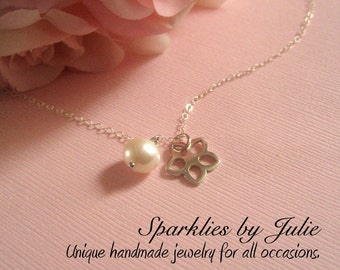 Blossom Necklace - Sterling silver flower charm & custom gemstone birthstone, Dainty, Child Size, ADJUSTABLE necklace
