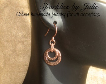 Copper Ripples earrings - Hammered, antique copper rings linked with copper jump rings, Celebrity Inspired