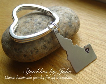 Where Your Heart Is Keychain - Hand Stamped Aluminum State of Choice, Silver Plated Heart Shaped or Circle Key Ring