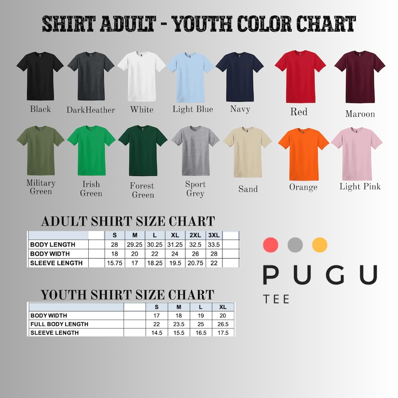 Puede incluir: Una tabla de colores para camisetas de adulto y juvenil, que muestra varios colores como negro, azul marino y rojo. La imagen incluye tablas de tallas para camisetas de adulto y juvenil, que detallan la longitud del cuerpo, el ancho y la longitud de la manga en cm. La marca "PUGU TEE" tambi&eacute;n es visible.