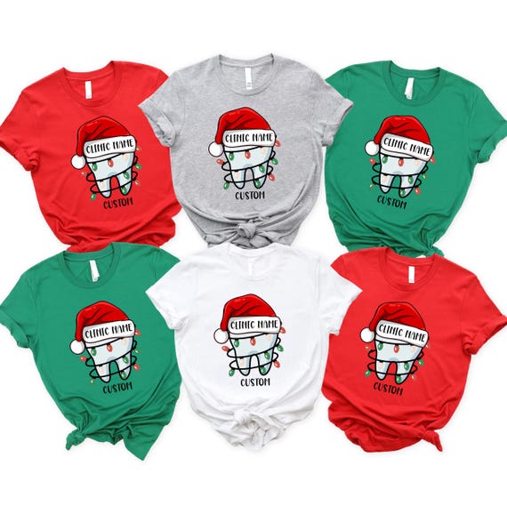 Custom Dental Christmas Shirt, Personalized Clinic Name Santa Tooth, Staff Matching Holiday