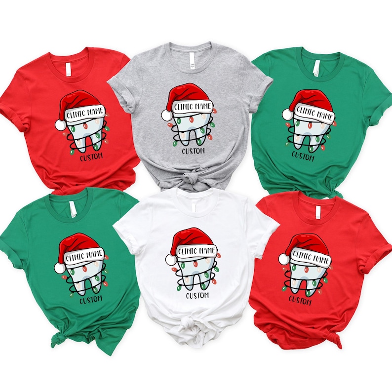 Custom Dental Christmas Shirt, Personalized Clinic Name Santa Tooth, Staff Matching Holiday image 1