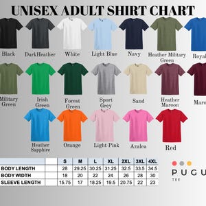 May include: A colour chart of unisex adult t-shirts in shades like black, white, and blue. The image includes a size guide with measurements in inches for body length, body width, and sleeve length for each size.
