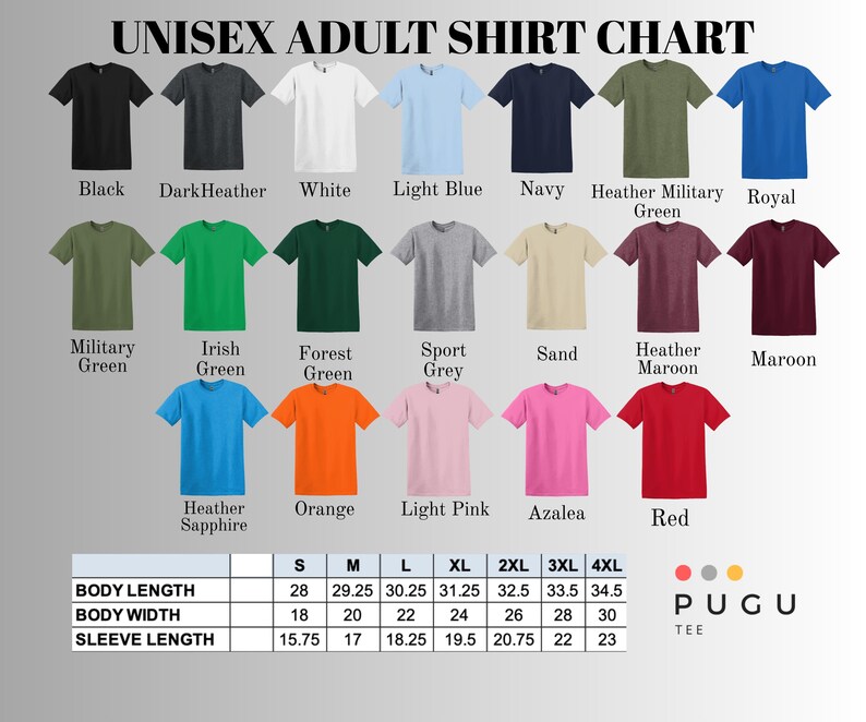 May include: A colour chart of unisex adult t-shirts in shades like black, white, and blue. The image includes a size guide with measurements in inches for body length, body width, and sleeve length for each size.