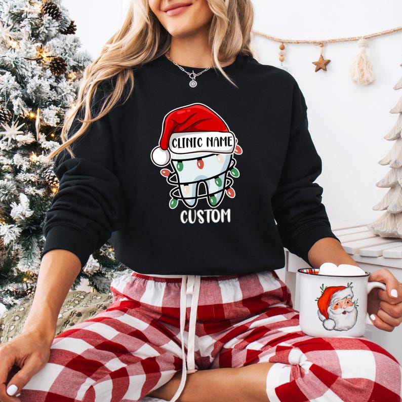 Custom Dental Christmas Shirt, Personalized Clinic Name Santa Tooth, Staff Matching Holiday image 2