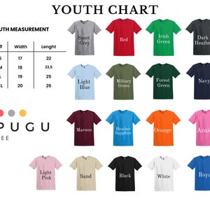 May include: A youth t-shirt size and colour chart. The t-shirts are displayed in a variety of colours, including red, blue, and green. The size chart shows measurements in inches for width and length. The brand name "PUGU TEE" is also visible.