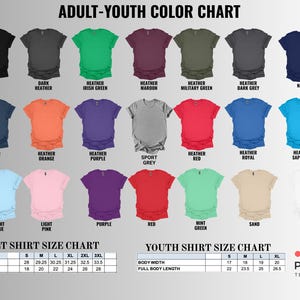May include: An adult-youth color chart displaying twenty-one t-shirt color options with labels including black, heather, green, maroon, navy, orange, purple, grey, red, blue, pink, mint, sand, and white, plus adult and youth size charts in inches.