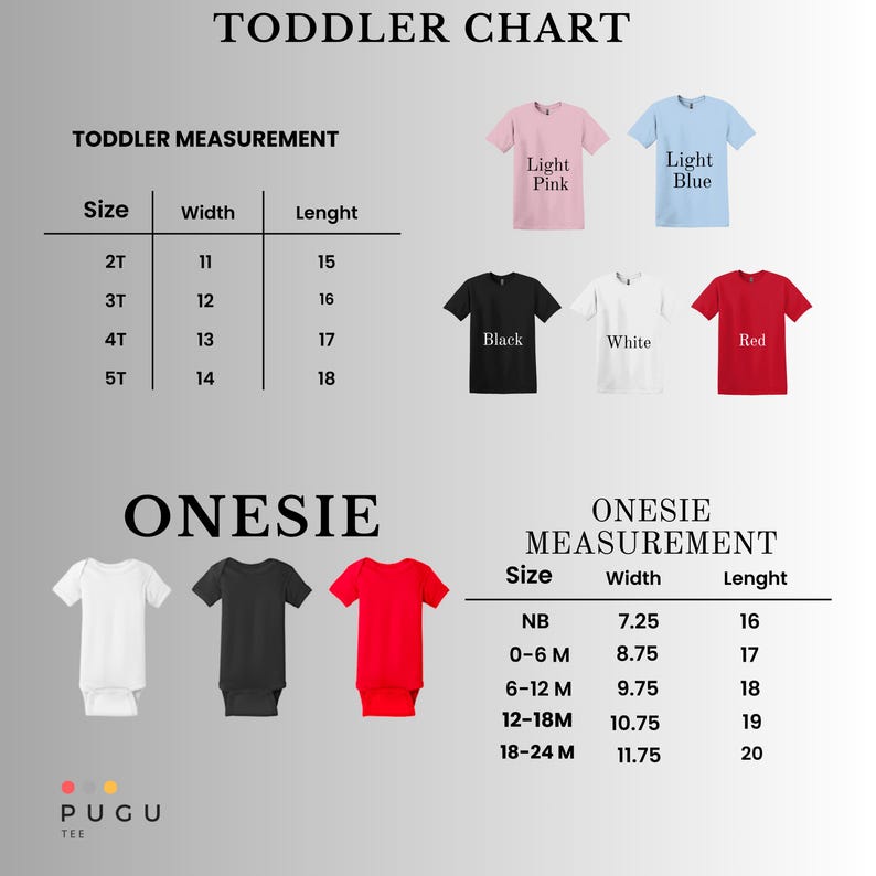 Puede incluir: Un gr&aacute;fico con medidas para ni&ntilde;os peque&ntilde;os y monos. El gr&aacute;fico incluye tallas, anchos en pulgadas y largos en pulgadas. Tambi&eacute;n hay im&aacute;genes de camisetas en rosa claro, azul claro, negro, blanco y rojo.