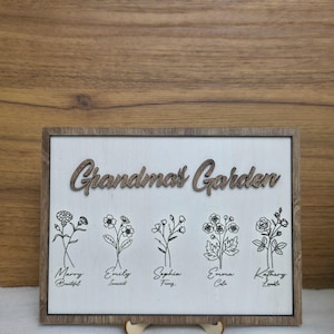 Panneau en bois imprimé fleurs de naissance avec prénoms | Le jardin de maman | Le jardin de grand-mère | Fleurs Mois de naissance de la famille | Cadeaux Fête des Mères
