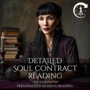 May include: A woman with long black hair and dark makeup is the focal point of this image. Text on the image reads "DETAILED SOUL CONTRACT READING" and "SAME HOUR DELIVERY". A lit candle and a stack of books are in the background.