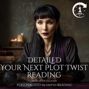 May include: A person with dark hair and dark lipstick wearing a black top and a silver pendant necklace. The text reads: DETAILED YOUR NEXT PLOT TWIST READING, SAME HOUR DELIVERY, PERSONALIZED IN-DEPTH READING, and a 1 HOUR clock icon.