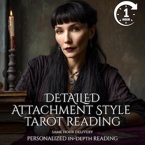 Può includere: Una persona con capelli scuri e rossetto scuro che indossa un top scuro, davanti a una pila di libri e una candela accesa. Testo: DETAILED ATTACHMENT STYLE TAROT READING, 1 HOUR, SAME HOUR DELIVERY, PERSONALIZED IN-DEPTH READING.