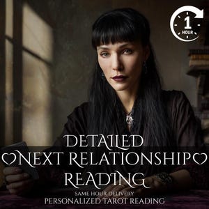 May include: A woman with dark hair and a black top holds tarot cards. Text on the image reads "Detailed Next Relationship Reading" and "Personalized Tarot Reading". A clock icon indicates a one-hour timeframe for delivery.
