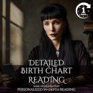 May include: A woman with long black hair and dark lipstick holds tarot cards. The image features the text "DETAILED BIRTH CHART READING" and "SAME HOUR DELIVERY". A clock icon indicates a one-hour turnaround time. The overall theme is astrology and divination.