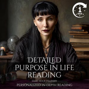 Puede incluir: Imagen de una mujer con un vestido negro con el texto "Detailed Purpose in Life Reading". La imagen también incluye el texto "Personalized In-Depth Reading" y un icono de reloj que indica un servicio de una hora.