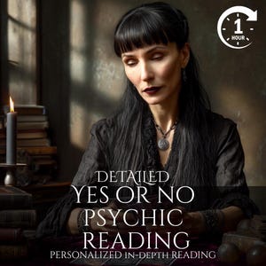 May include: A woman with long black hair and dark lipstick is featured in an image promoting a psychic reading. The text on the image reads "Detailed Yes or No Psychic Reading" and "Personalized In-Depth Reading". A candle and books are in the background.