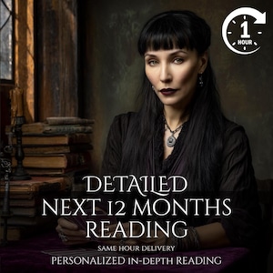 May include: An image of a woman with long black hair and dark makeup, holding tarot cards. The text reads "DETAILED NEXT 12 MONTHS READING" and "PERSONALIZED IN-DEPTH READING". A clock icon indicates a one-hour delivery.