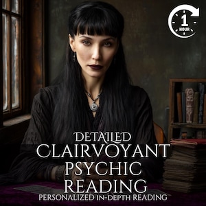 Puede incluir: Una mujer con cabello largo y negro y lápiz labial oscuro es el punto focal de esta imagen. La superposición de texto dice "Detailed Clairvoyant Psychic Reading" y "Personalized In-Depth Reading". Un icono de reloj indica un plazo de una hora. La imagen tiene un tema místico.