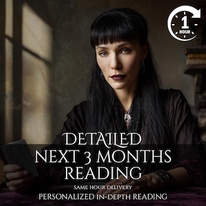 May include: A woman with long black hair and dark lipstick holds tarot cards. The image includes the text "DETAILED NEXT 3 MONTHS READING" and "SAME HOUR DELIVERY". A clock icon indicates a one-hour delivery time.