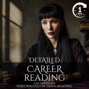May include: A woman with long black hair and dark lipstick holds tarot cards. The image includes the text "DETAILED CAREER READING" and "SAME HOUR DELIVERY" and "PERSONALIZED IN-DEPTH READING". A clock icon indicates a one-hour timeframe.