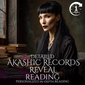 Può includere: Una donna con lunghi capelli neri e rossetto scuro tiene in mano carte dei tarocchi. L'immagine include il testo "DETAILED AKASHIC RECORDS REVEAL READING" e "PERSONALIZED IN-DEPTH READING". Un'icona dell'orologio indica una durata di un'ora.