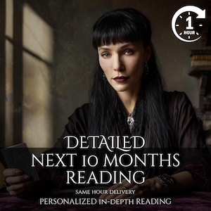 May include: A woman with long black hair and dark lipstick holds tarot cards. The image includes text that reads "DETAILED NEXT 10 MONTHS READING" and "PERSONALIZED IN-DEPTH READING". A clock icon indicates a one-hour delivery.